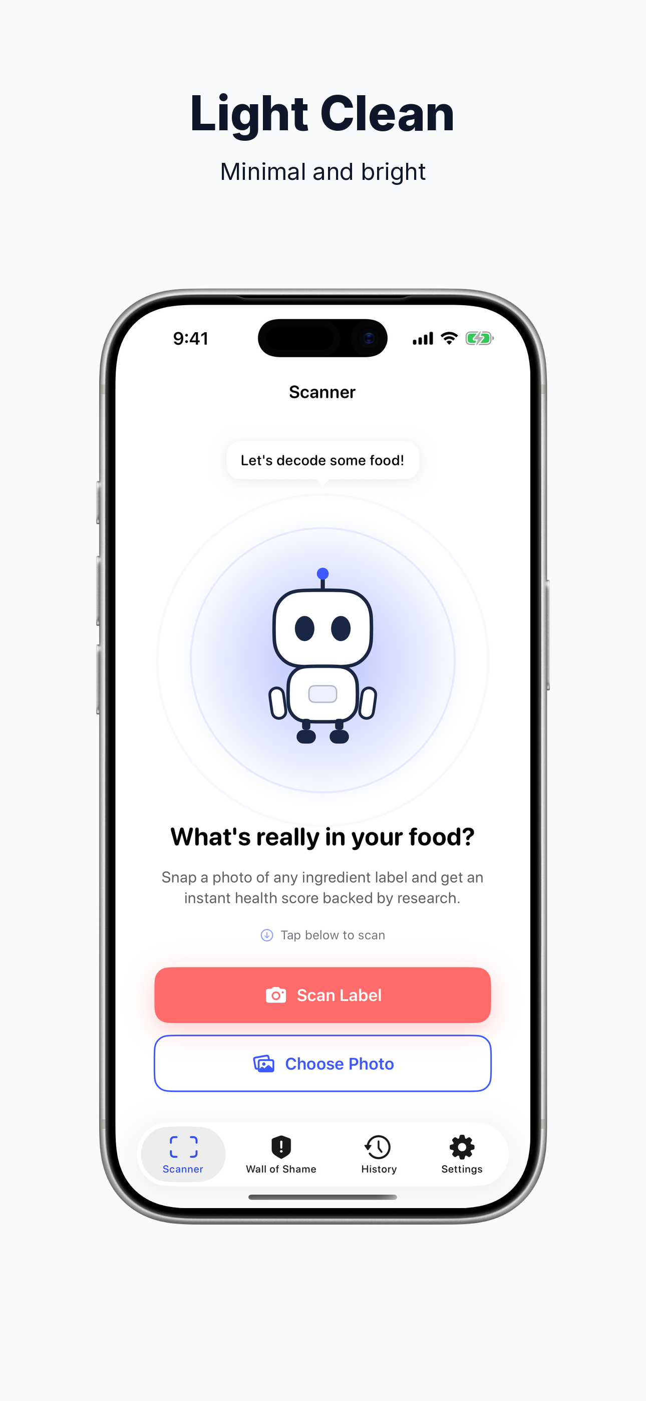 Light Clean template preview: iPhone App Store screenshot with light clean background